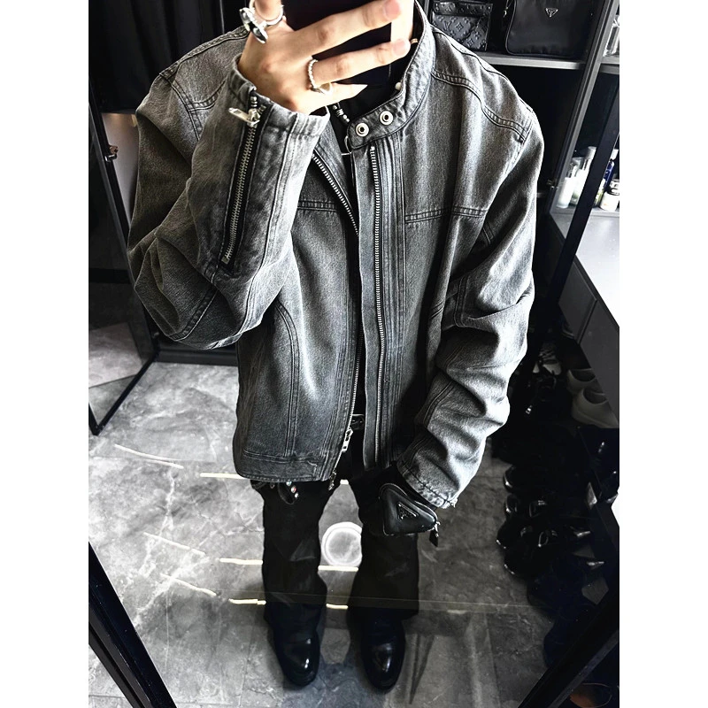 美式高街vibe灰色牛仔外套男款春秋高级感拉链机车夹克设计感上衣