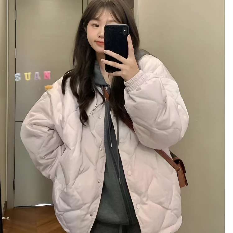 棉服女菱格冬季外套新款加厚小个子菱格宽松保暖短款棉衣棉袄外套