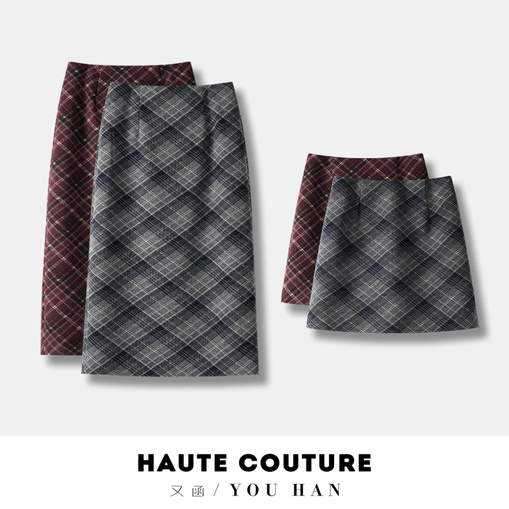 秋冬复古格纹毛呢半身裙开叉中长裙短裙格子气质百搭显瘦包臀裙
