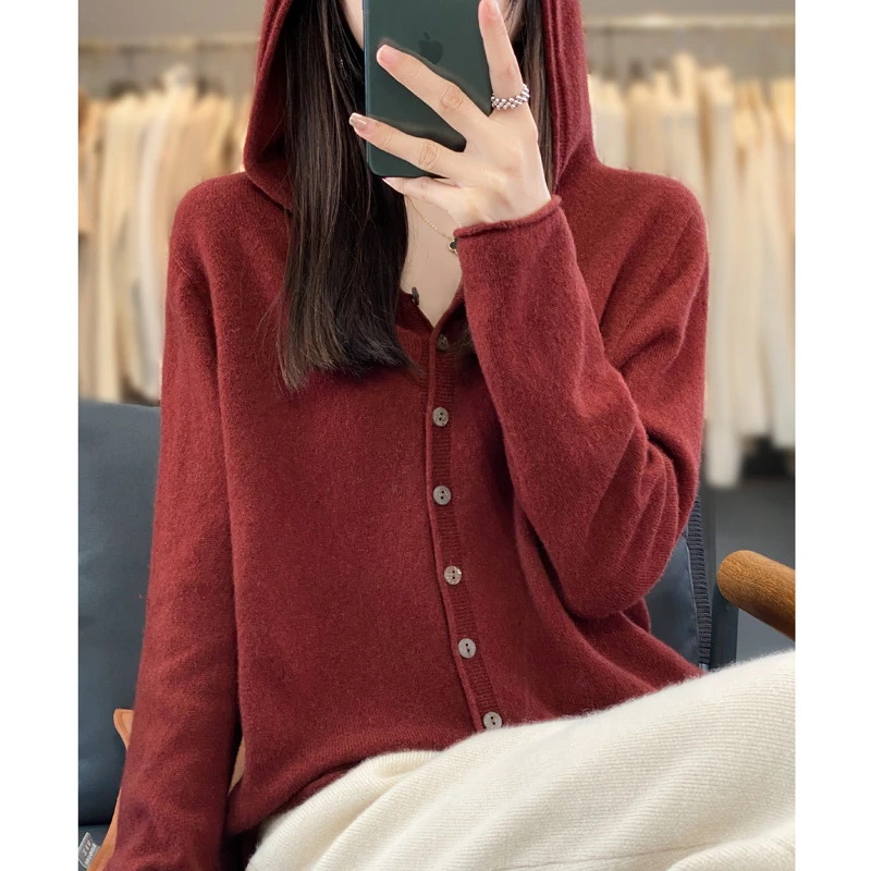 一线成衣100%纯羊毛连帽开衫女秋冬新款针织毛衣宽松羊毛衫外套