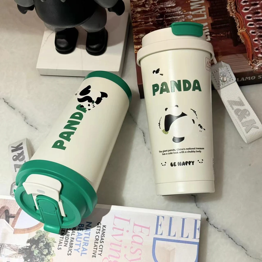 【拼手速】帝怡双饮熊猫苹果咖啡杯喷陶吸管直饮学生保温水杯1106
