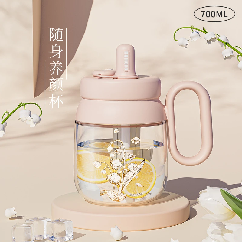 【省钱哥专属】铃兰花吸管高硼硅玻璃杯手柄大容量花茶耐热手柄杯