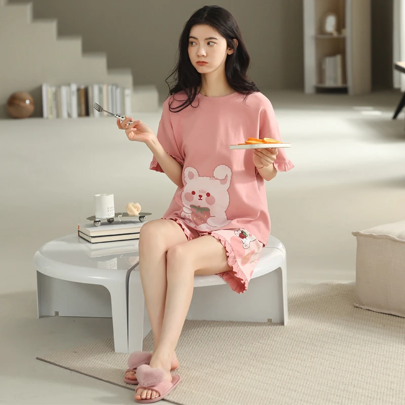 睡衣女夏季短袖短裤2024年新款两件套套装休闲家居服Z-9884