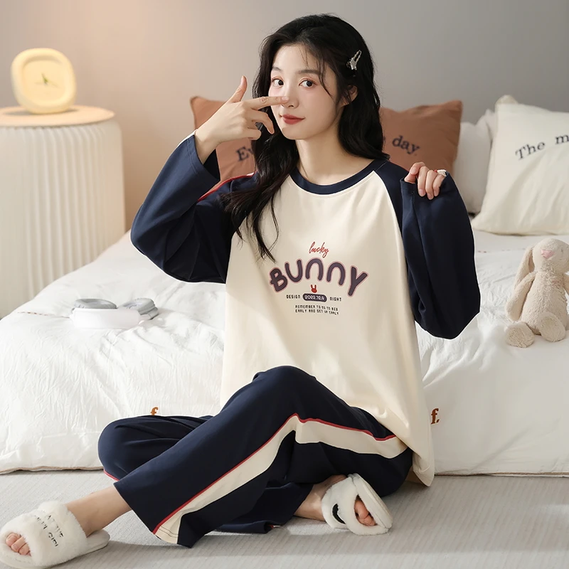 睡衣女春秋款纯棉长袖大码秋冬季休闲可外穿家居服套装全棉Z8510