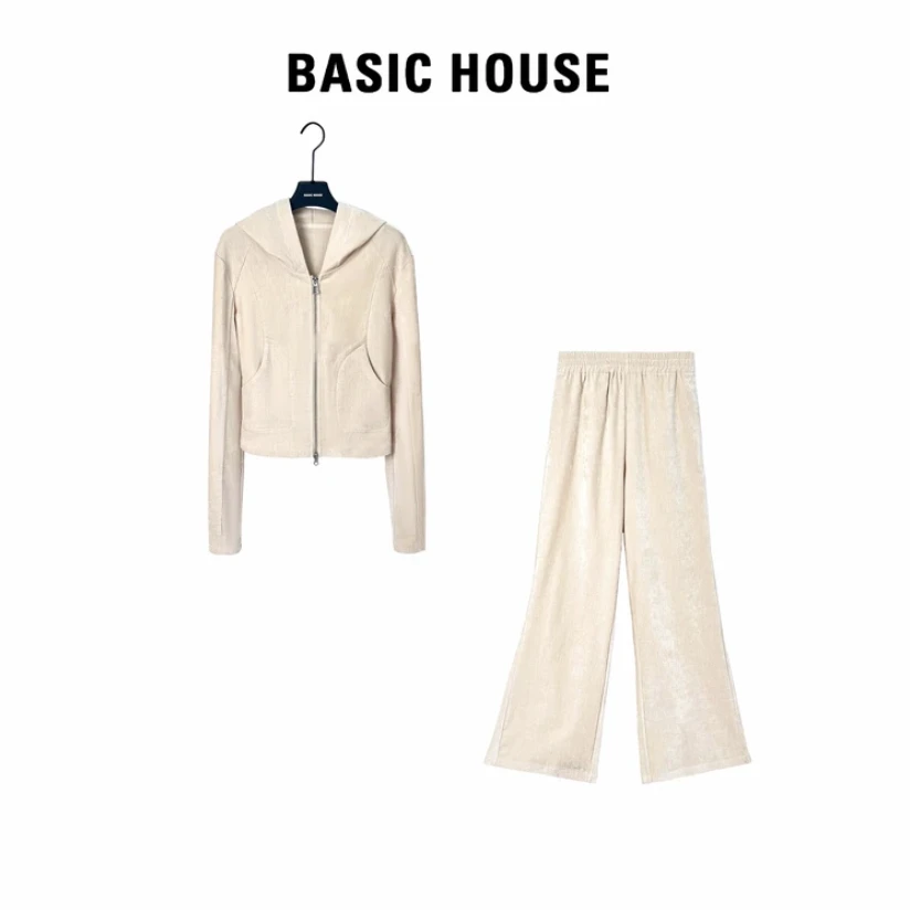 Basic House/百家好秋季新款时尚简约百搭长袖纯色休闲套装TS