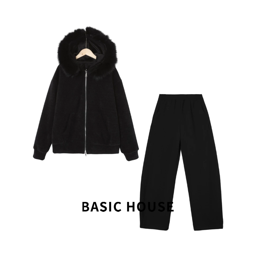 Basic House/百家好秋冬休闲百搭休闲百搭慵懒风毛毛领套装JH