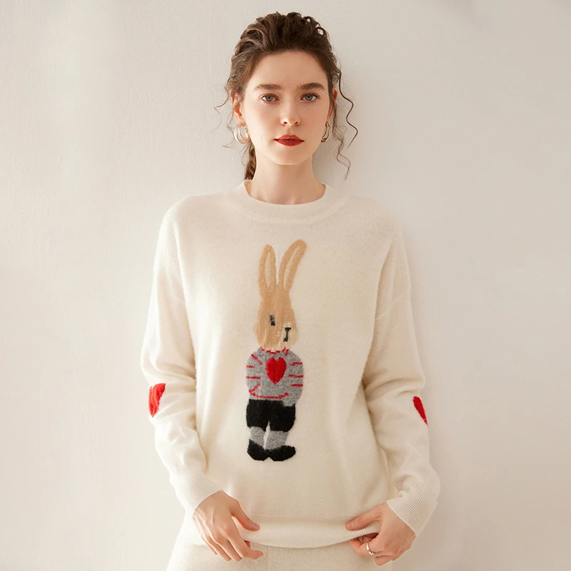 圆领提花小兔羊绒衫女秋冬季保暖套头毛衣宽松显瘦羊毛针织打底衫
