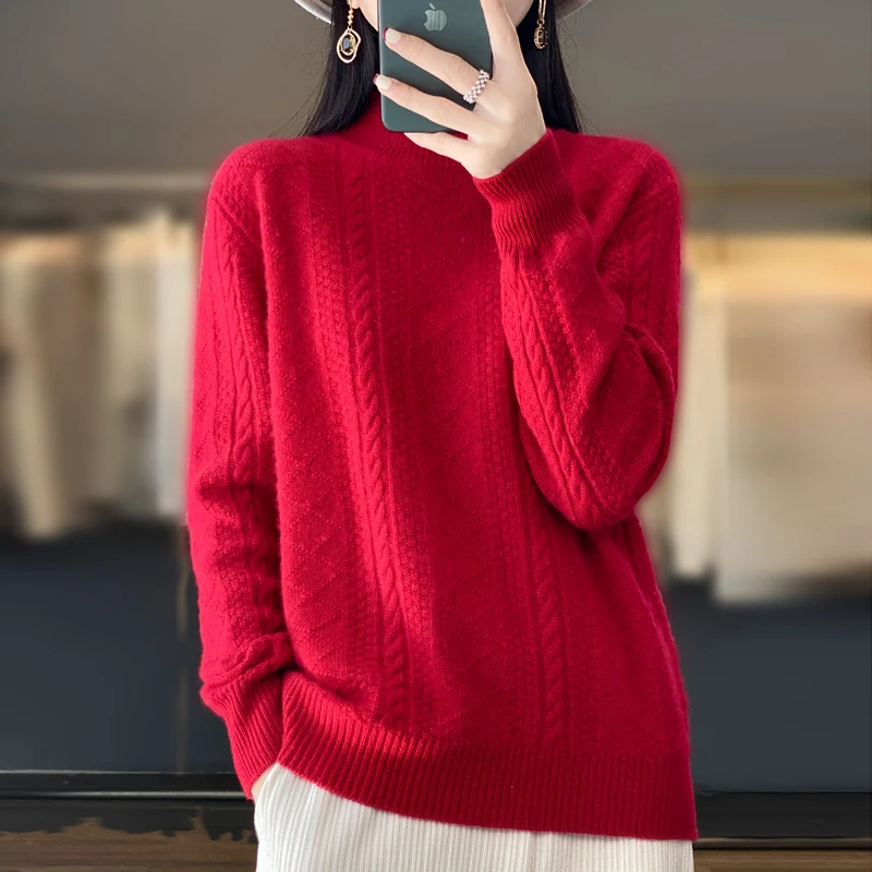人手一件！半高领羊毛衫女秋冬套头毛衣保暖加厚绞花针织打底上衣