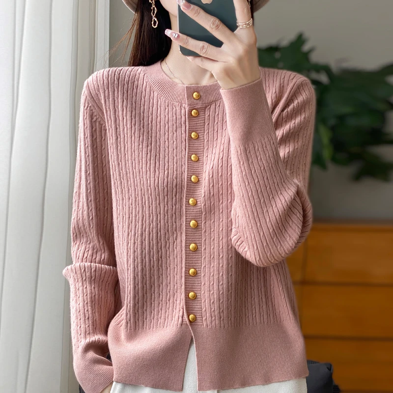 圆领安迪绒针织开衫女长袖打底毛衣外套修身显瘦外穿短上衣女士