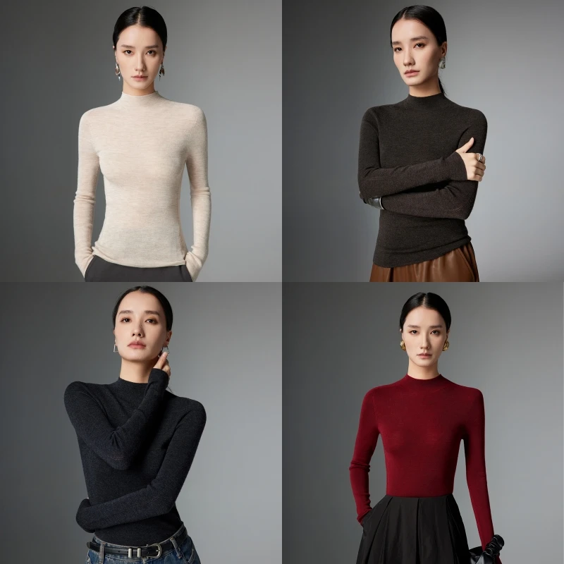 可机洗18针精纺半高领羊毛衫女秋冬套头无缝针织上衣内搭打底毛衣
