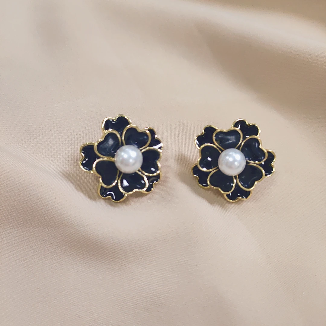 合金耳饰 c-1699小香风气质耳环轻奢时尚百搭黑色花朵耳钉复古