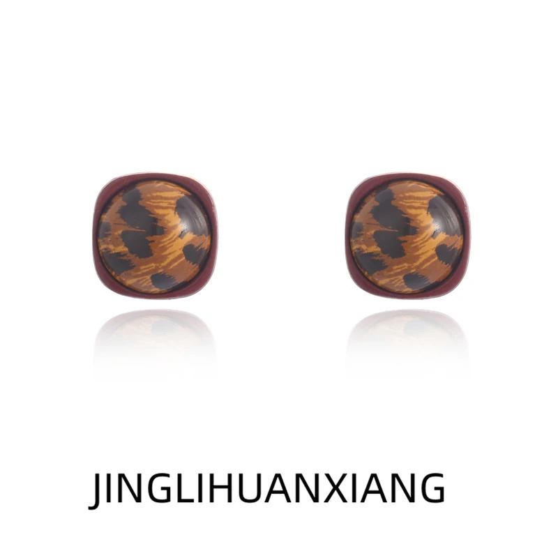 合金耳饰 Y-58气质美拉德豹纹耳钉女时尚精致方形耳环法式耳饰