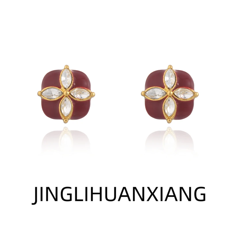 合金耳饰 C-1574红滴釉复古耳钉女轻奢小众设计风百搭耳环