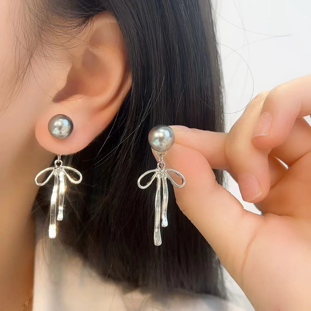 合金耳饰 C-1824【灰姑娘】枪灰色高级感蝴蝶结气质时尚耳钉女长款