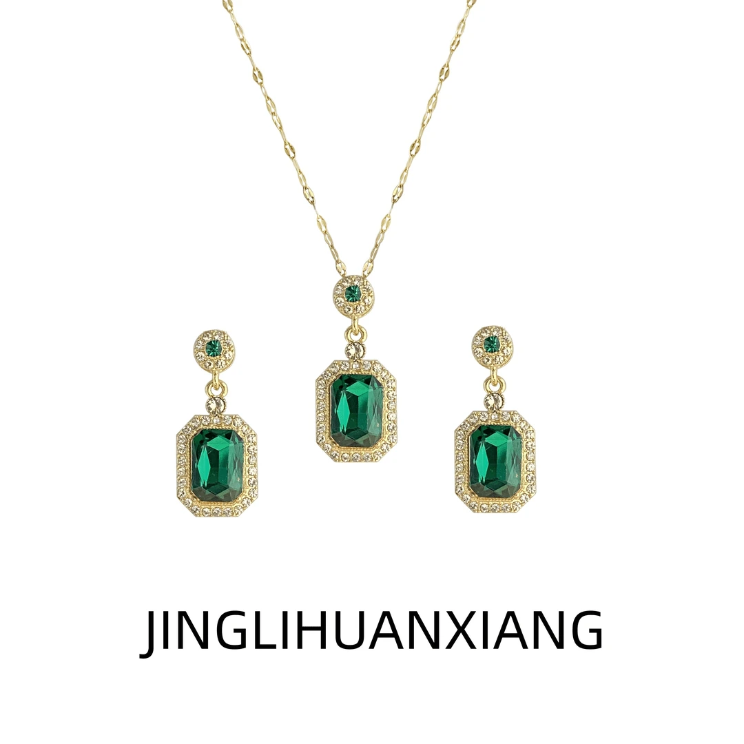 合金吊坠 c-2080绿色方块耳环项链套装复古耳钉设计师项链吊坠