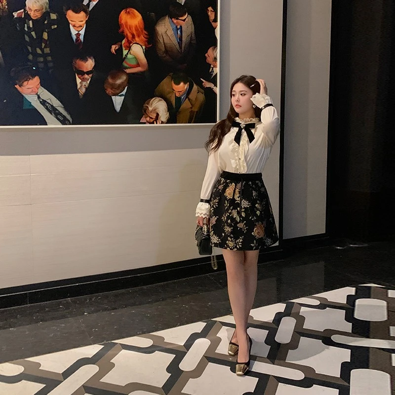 金金×MB大码女装【德古拉茶花会】蕾丝拼接上衣女提花半身裙两件套