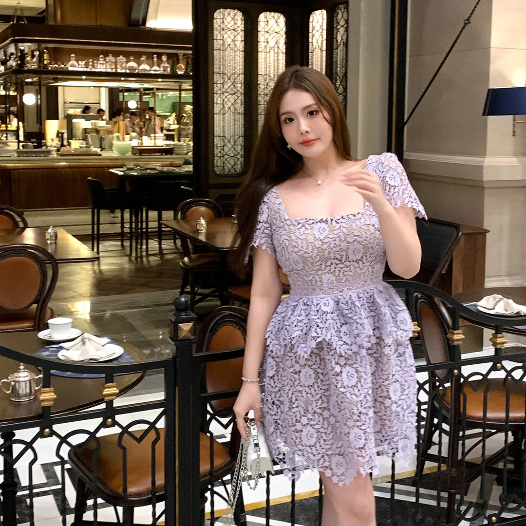 MB大码女装【巴贝多花湾】sp同款重工水溶蕾丝收腰显瘦连衣裙