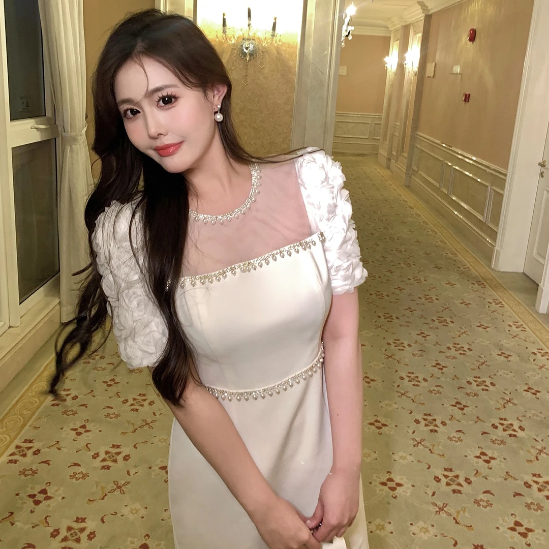 MB大码女装【白金格调】2025新款名媛高级感礼服裙钉珠立体花连衣裙