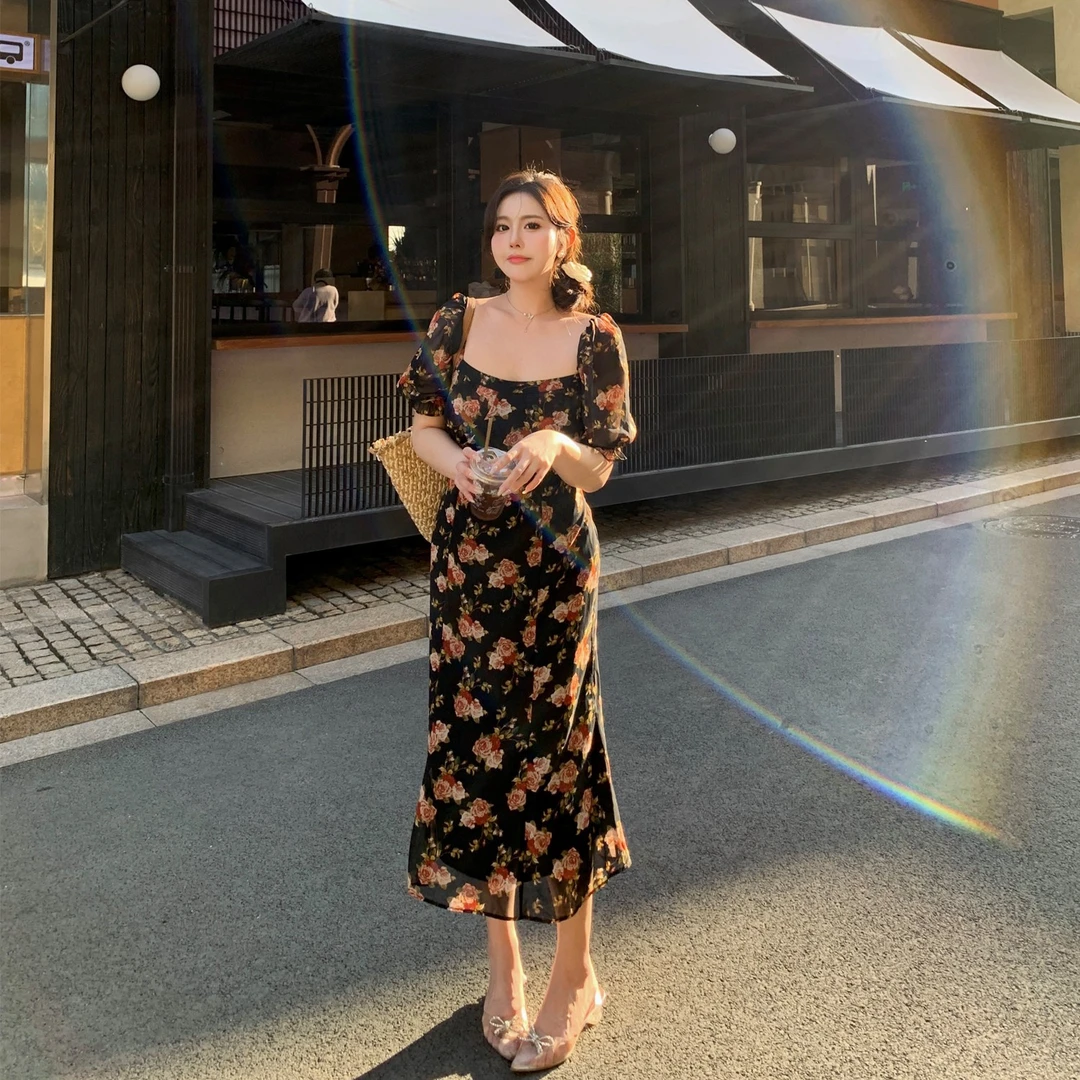 MB大码女装【红雾迷影】2025新款显瘦碎花裙女度假风法式复古连衣裙