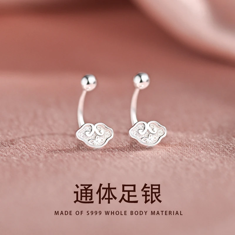 足银耳饰 S999足银复古吉祥如意螺丝耳钉女小众设计感免摘耳蜗钉