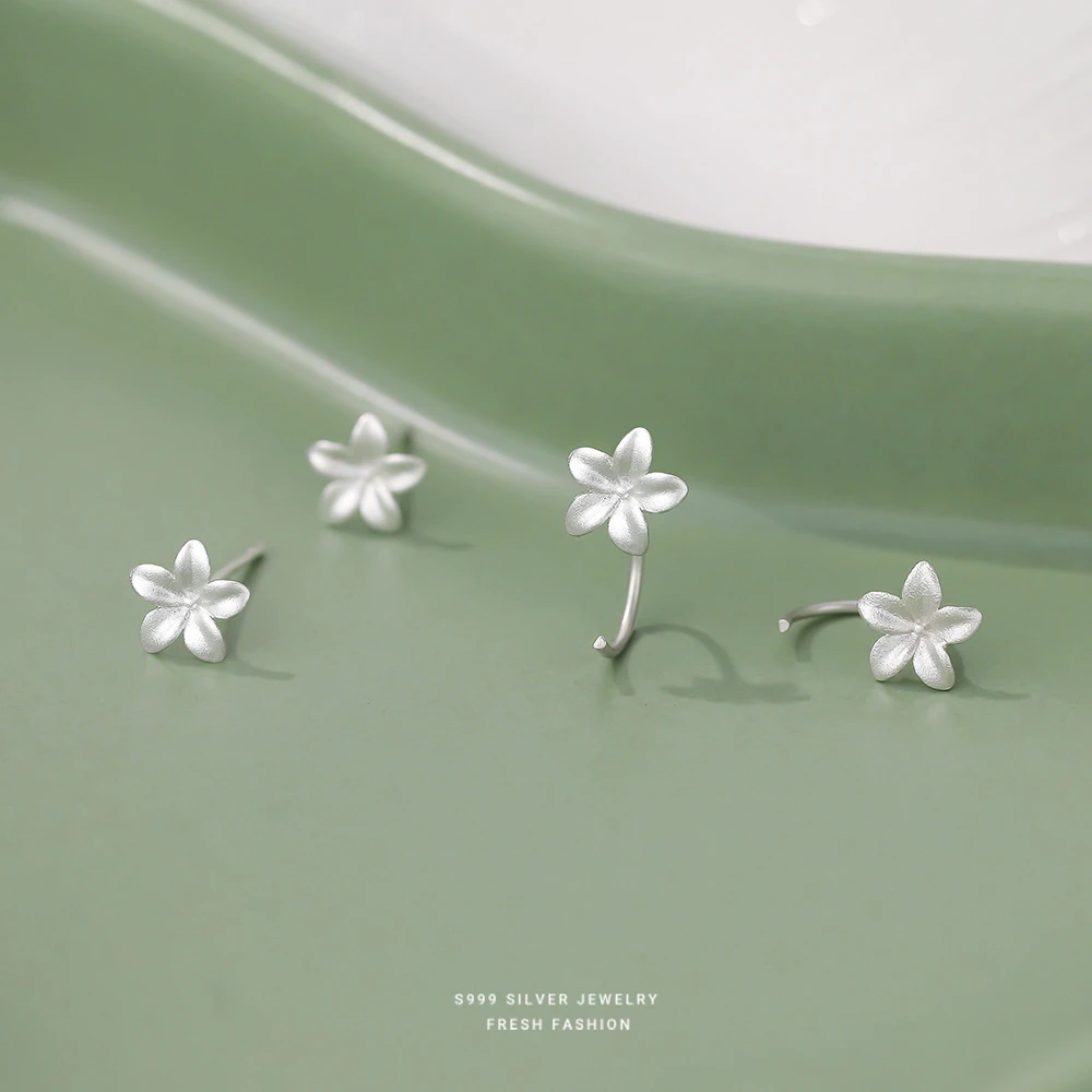 足银耳饰 s999纯银栀子花耳钉女森系小清新气质百搭花朵耳钩耳饰
