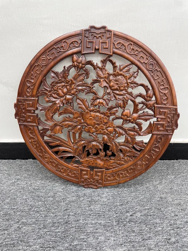 东阳木雕 直径58cm 花开富贵 香樟木实木雕刻挂件