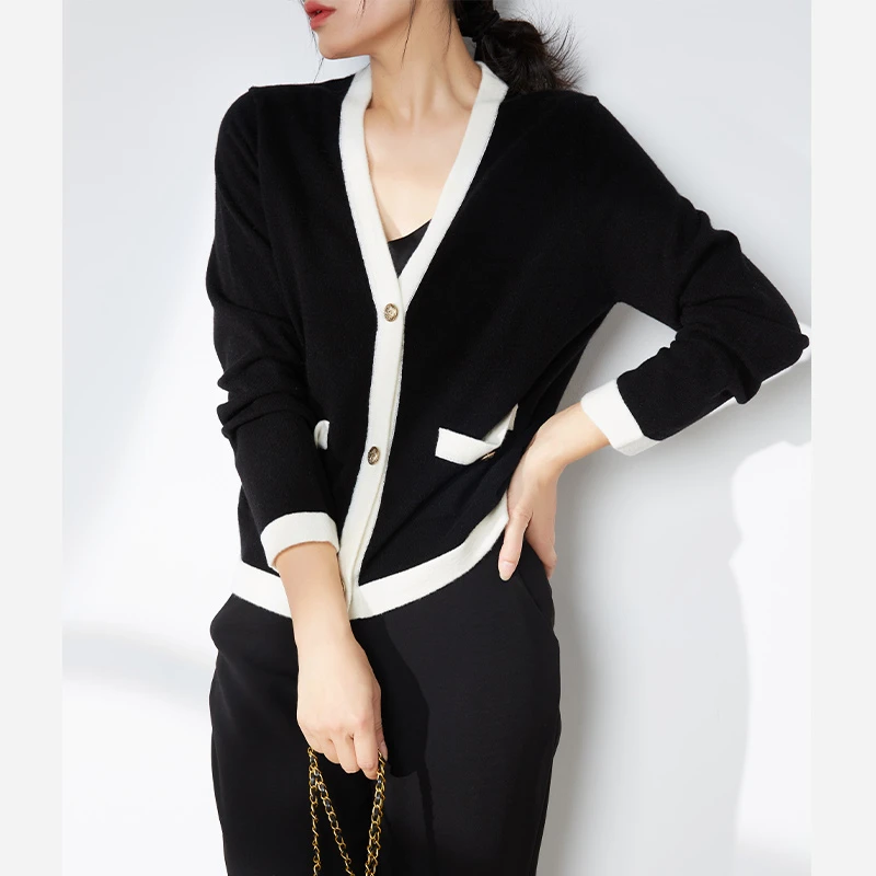 12015欧丝璐秋冬新款撞色V领开衫气质纯羊绒衫女