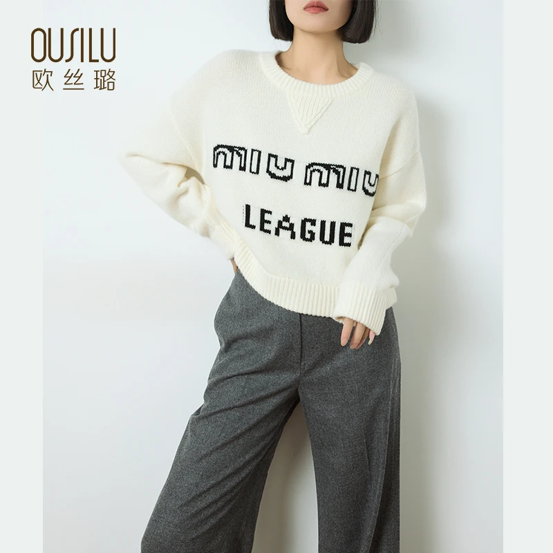 14126欧丝璐24秋冬新款100%纯山羊绒加厚字母圆领宽松套头女衫