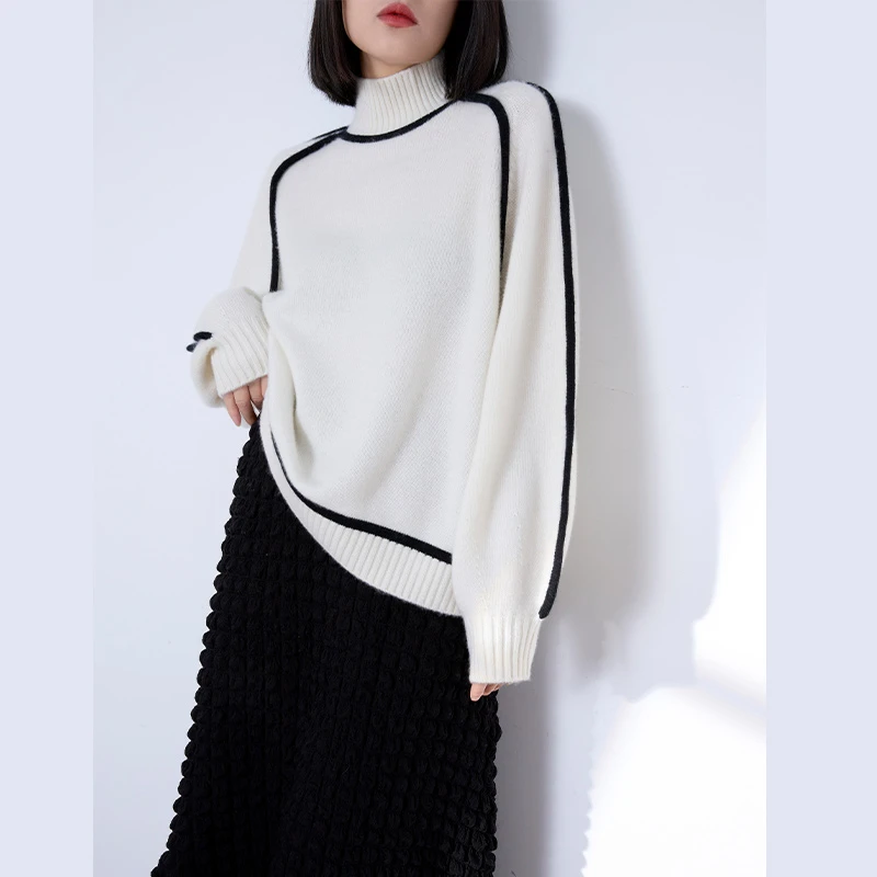 13146欧丝璐秋冬新款纯山羊绒宽松加厚线条撞色慵懒高领套头女衫