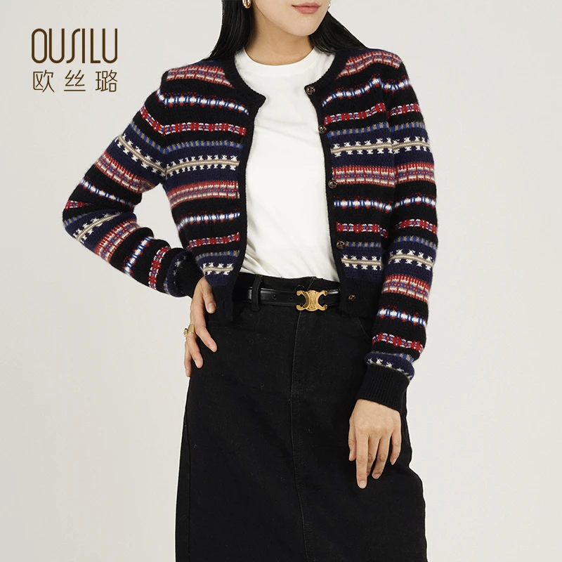 14051欧丝璐2024秋冬新款100%纯山羊绒拼色复古提花女开衫外套