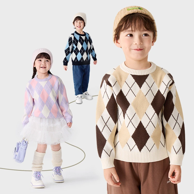 巴拉巴拉儿童毛衣男童女童2024秋冬新款宽松针织衫撞色菱格毛衫潮