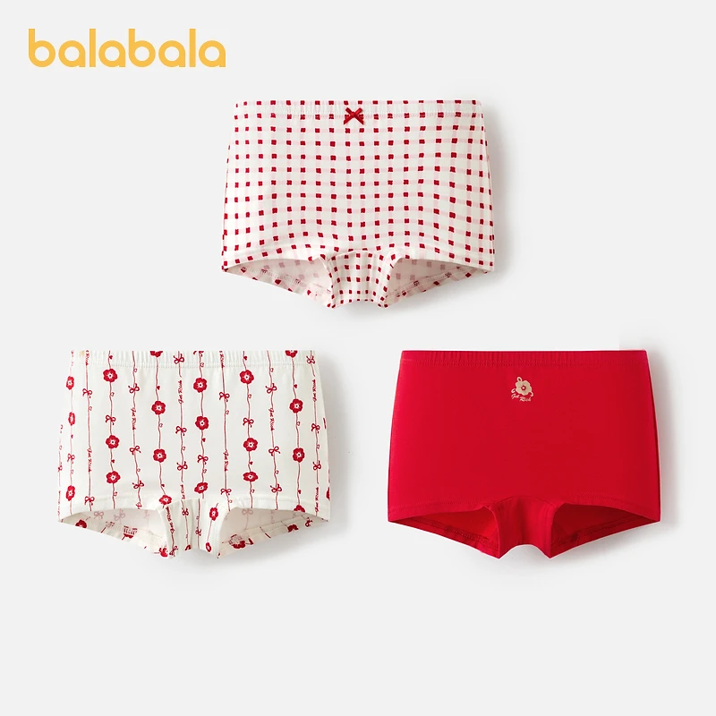 巴拉巴拉女童内裤平角棉本命年红色儿童短裤四角蛇年新年款三条装