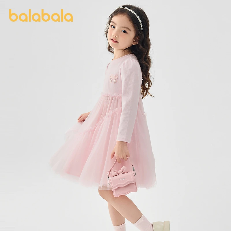 巴拉巴拉童装女童连衣裙儿童针织裙子精致秋冬款蝴蝶结网纱裙甜美
