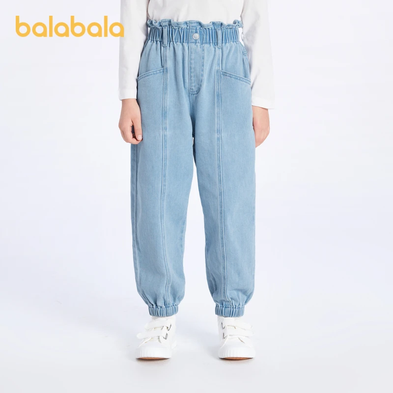巴拉巴拉女童裤子儿童牛仔裤中大童秋装甜美长裤潮休闲蓝色花苞腰