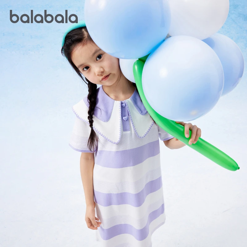 巴拉巴拉女童裙子儿童连衣裙新款夏装中大童撞色条纹大翻领可爱潮