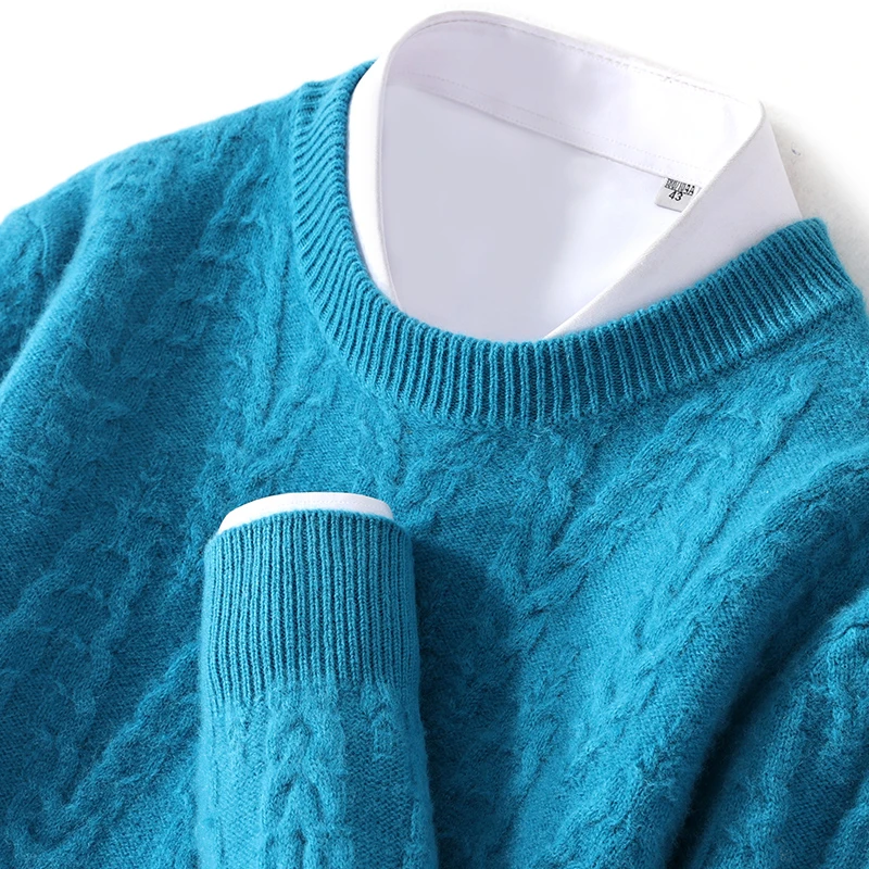 【提花休闲毛衣】时尚百搭圆领100羊毛衫男套头毛针织衫