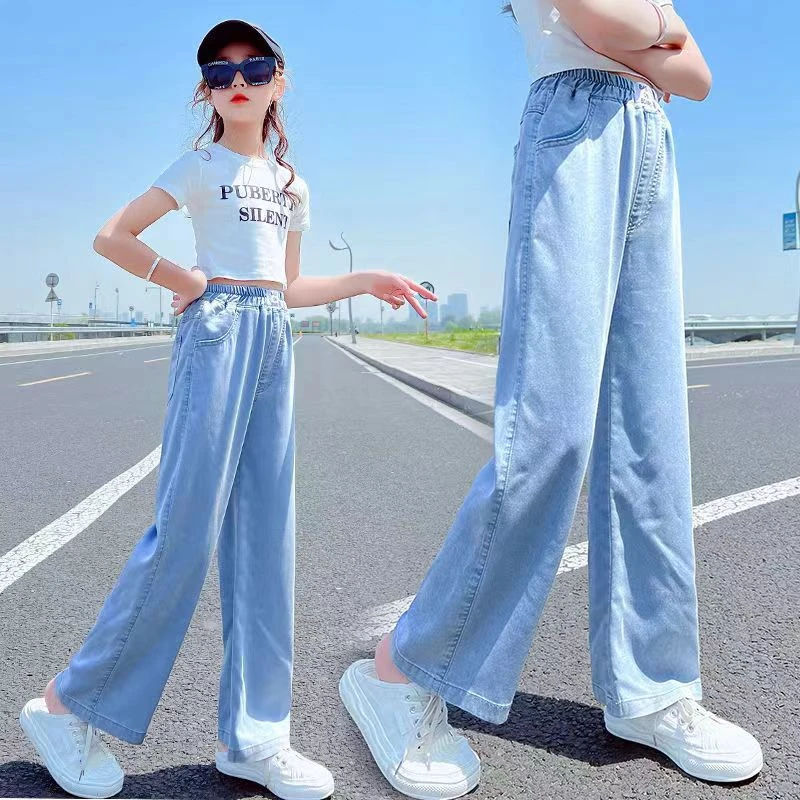 女童天丝牛仔裤2025夏季薄款儿童洋气夏装中大童宽松直筒阔腿裤潮