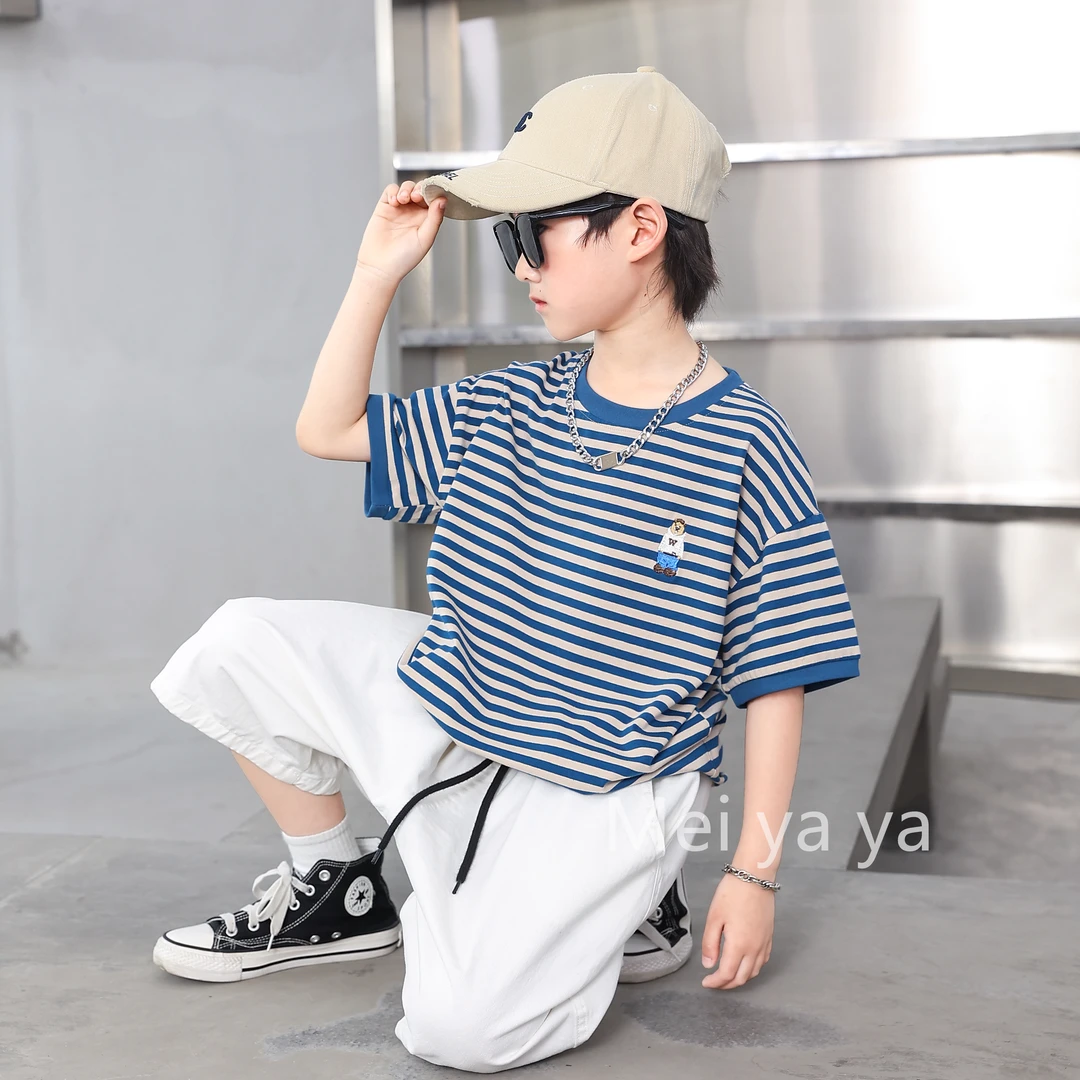 【条纹短袖】32支精棉拉架时尚洋气百搭圆领夏季短袖男童T恤