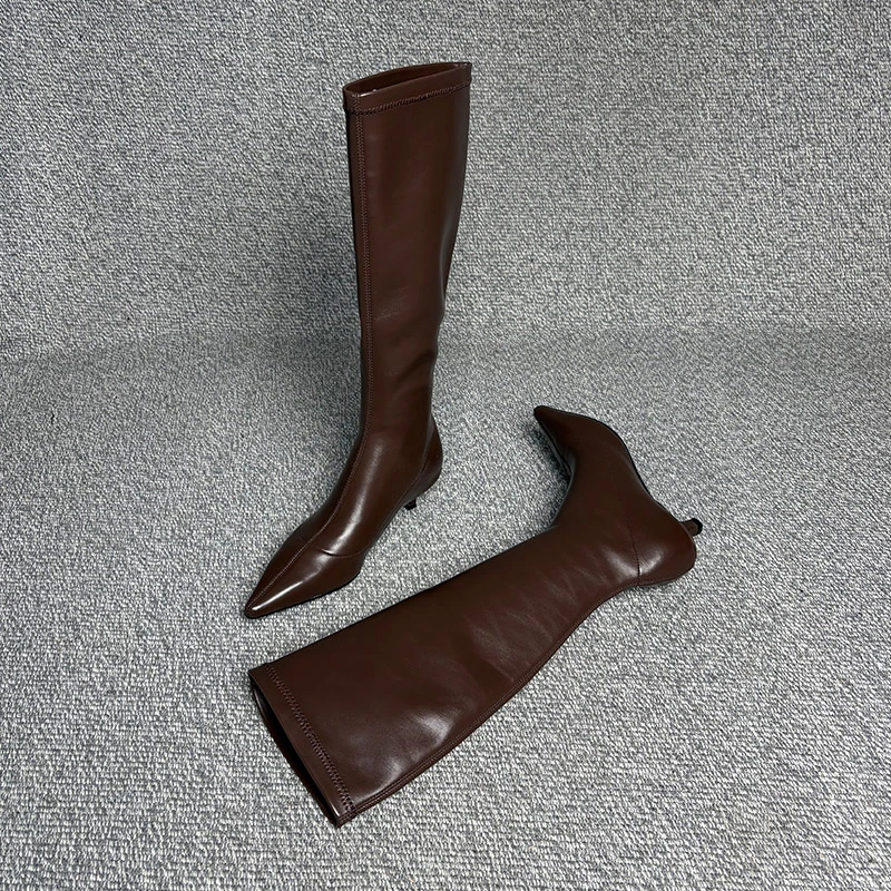露涵思气质尖头弹力瘦瘦靴高筒长靴中跟不过膝长筒套筒瘦腿靴子