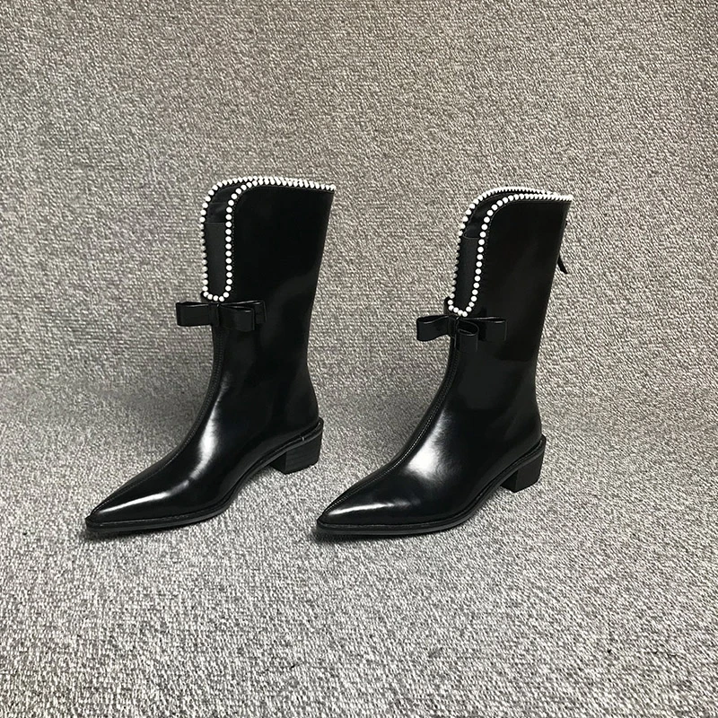 露涵思显瘦尖头高跟短靴女瘦瘦靴春秋单靴珍珠蝴蝶结粗跟马丁靴