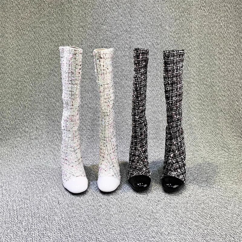 靴子女2023秋冬新款小香风白色靴子粗跟高跟高筒长靴骑士靴长筒靴