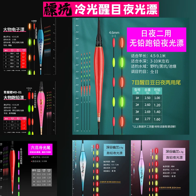黑坑无铅跑铅夜光漂青鱼草鱼大物大吃铅冷光无影尾浮漂日夜两用