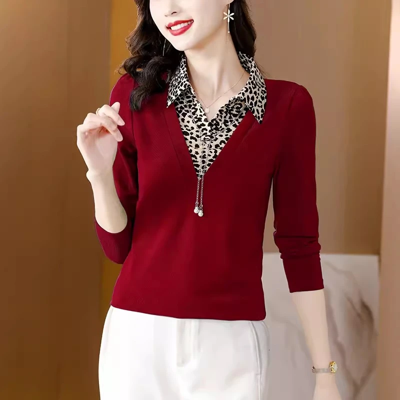 时尚百搭假两件打底衫女春秋季2024新款妈妈长袖T恤内搭洋气上衣