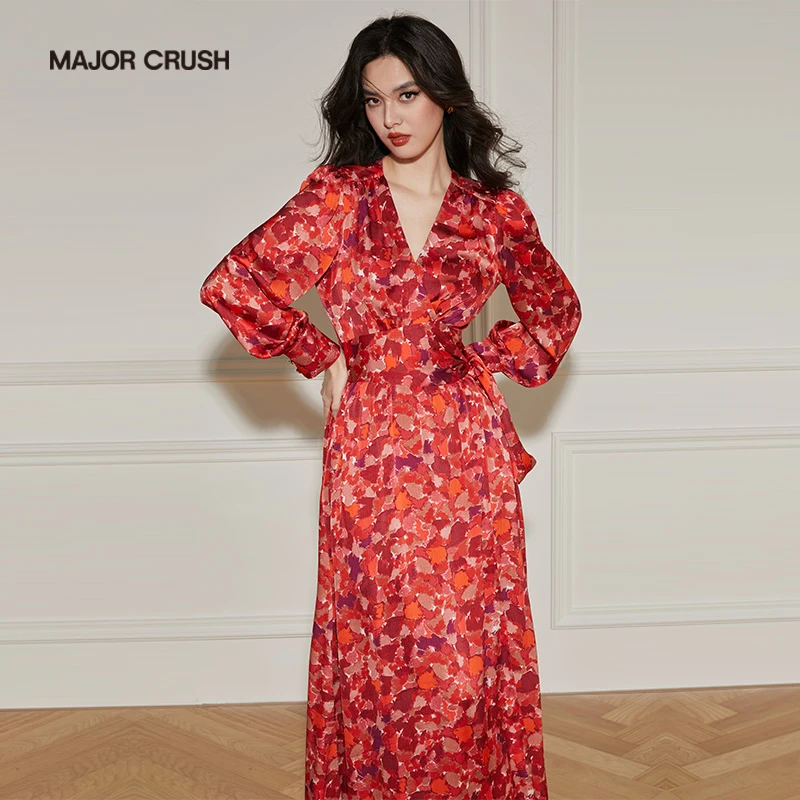 MAJOR CRUSH优雅红花显瘦女装连衣裙长袖时尚法式复古6067