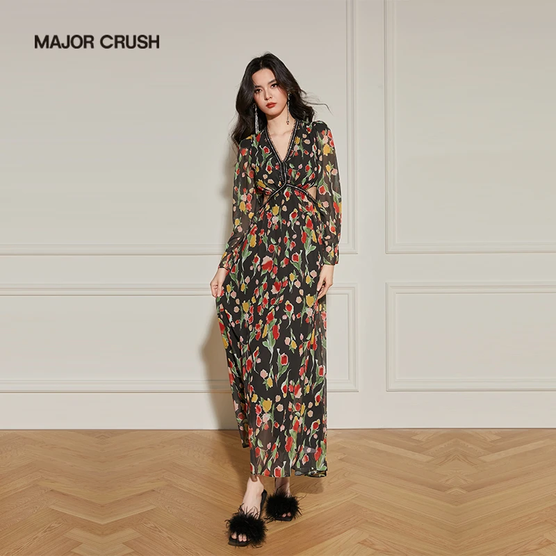 MAJOR CRUSH新款法式宽松连衣裙优雅气质印花腰两侧镂空设计5783