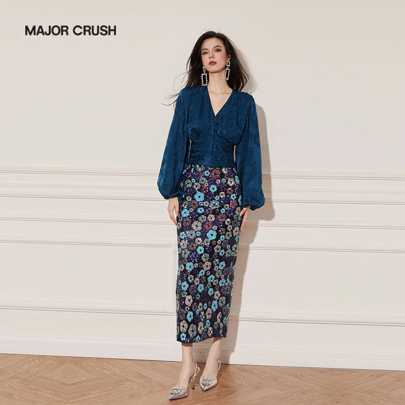 MAJOR CRUSH 新款卡布里蓝上衣蓝墨星尘半裙套装气质优雅64059