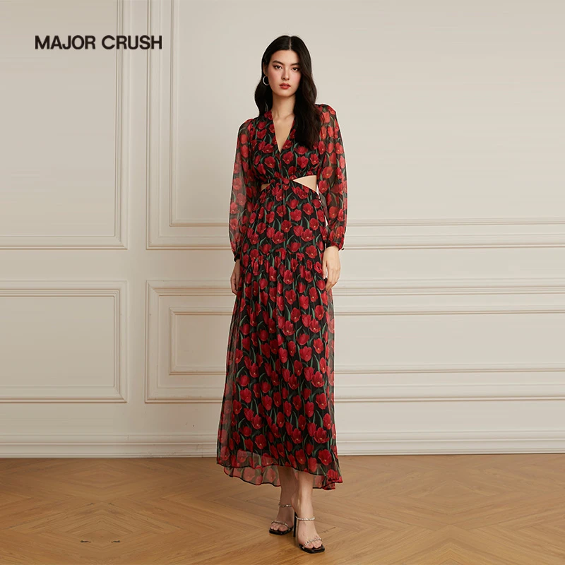 MAJOR CRUSH新款度假风印花优雅女士早秋女露腰V领气质连衣裙4369