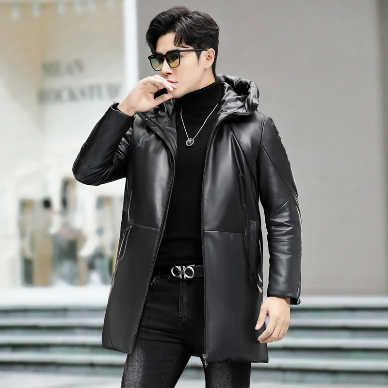 海宁真皮羽绒服男士皮衣中长款带连帽绵羊皮夹克加绒加厚冬季外套