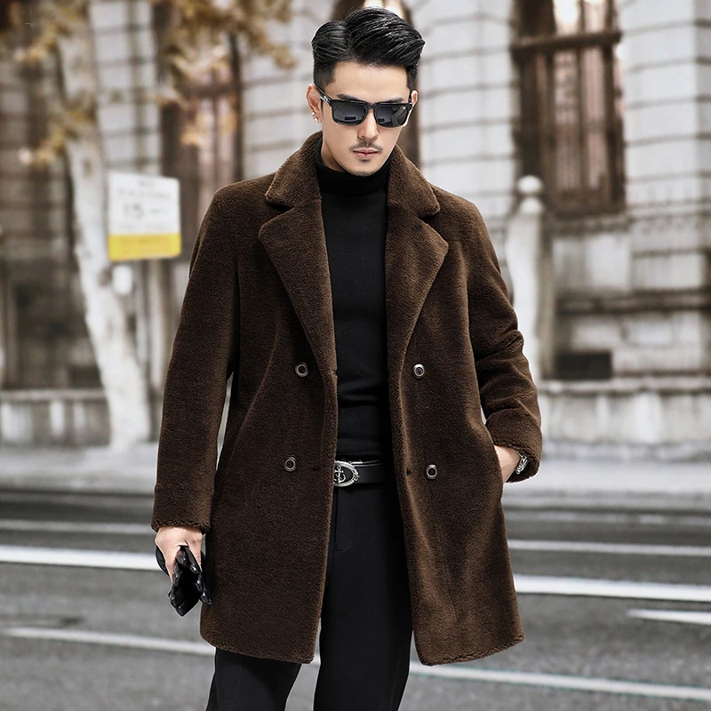 皮毛一体男士西装领中长款双面穿羊剪绒大衣真皮草冬季羊羔毛外套