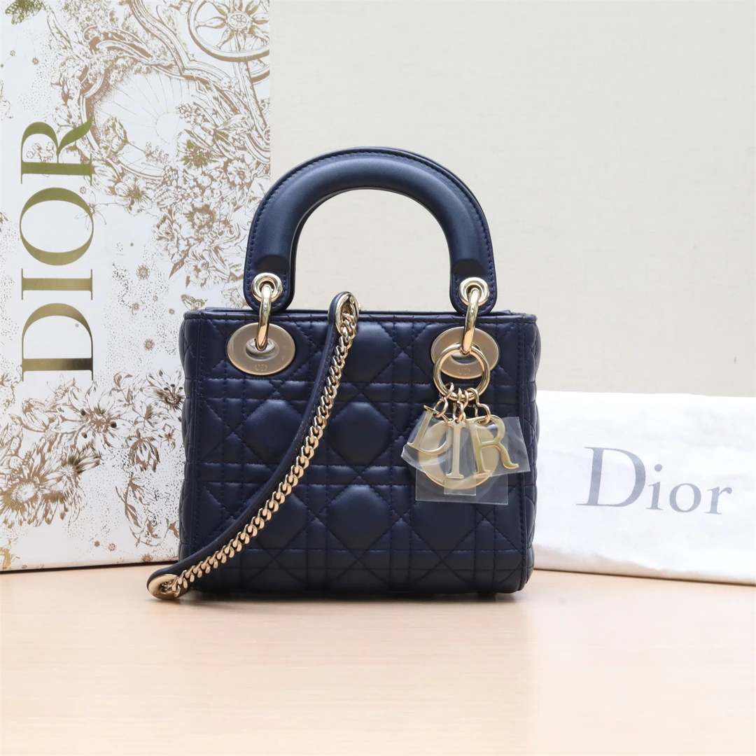 99新 DIOR/迪奥 小花Jerry P234243722 戴妃包 三格 墨蓝色